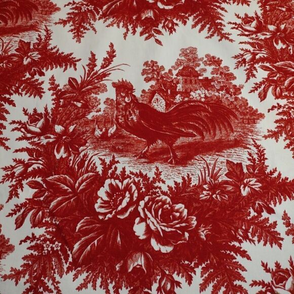 Red Toile Decorator Fabric Rooster And Rose Pattern. 1 Yard 54"W Gorgeous - Picture 3 of 8